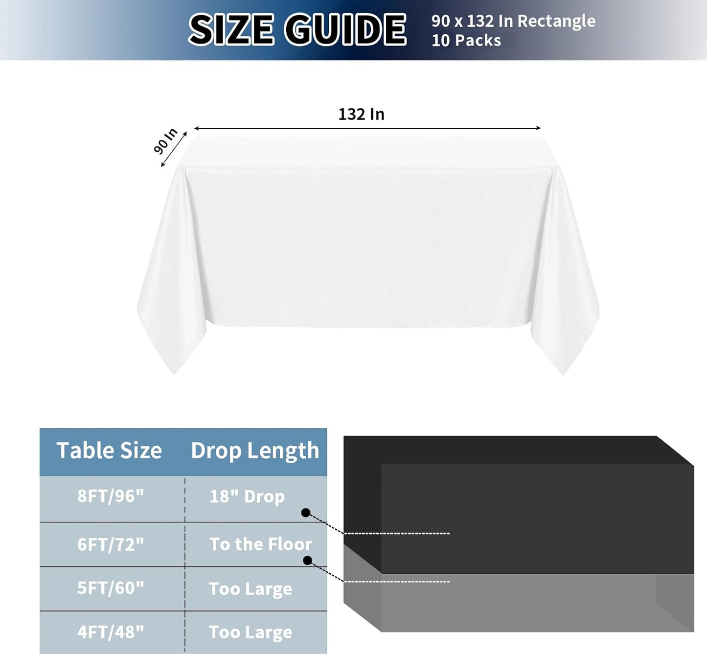 PureFit 10 Pack Rectangle White Table Cloths 90 x 132 Inch for 8Ft Tables, Stain and Wrinkle Resistant Table Linens for Home Use, Wedding, Party, Banquet and Camping