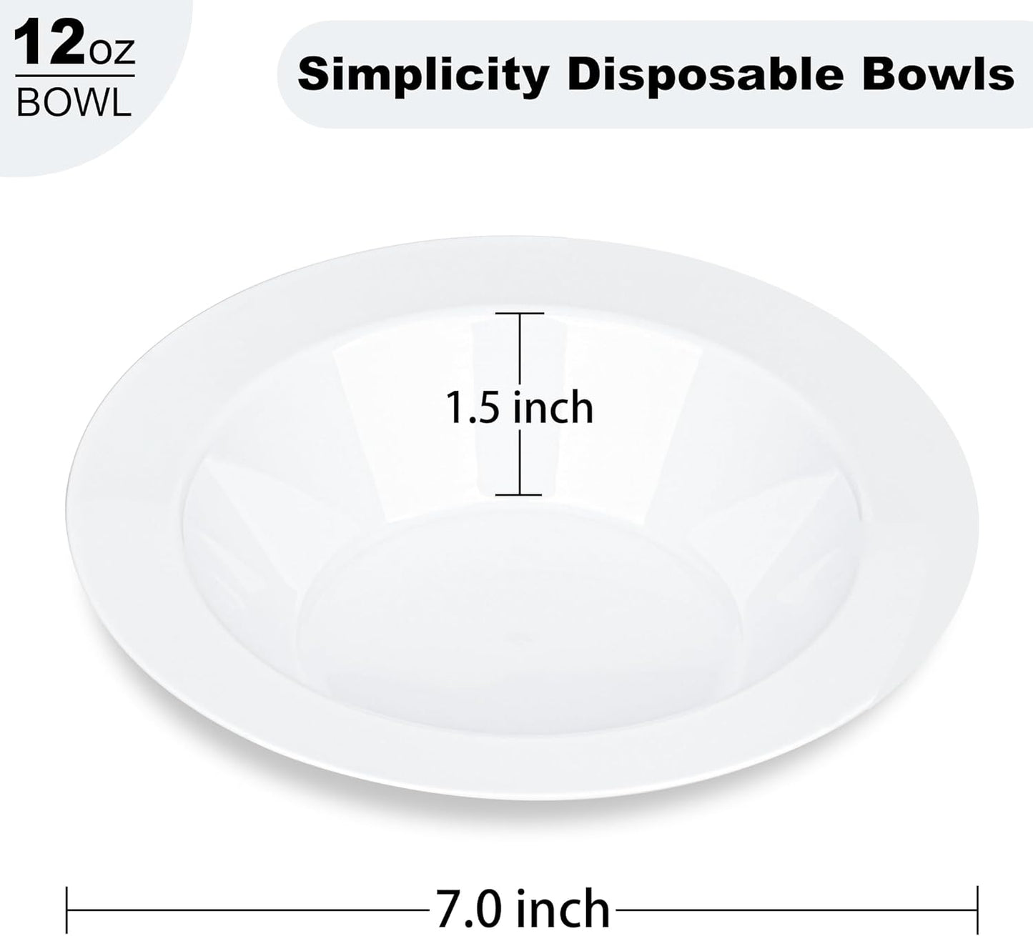 BESTVIP 100 Pack White Plastic Bowls, 12 oz Disposable Soup Bowls, Heavy-duty Dessert Salad Bowl for Christmas, Thanksgiving, Party, Wedding, Dinner, Catering