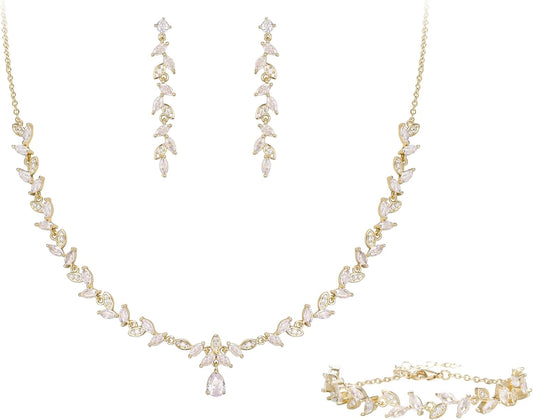 BriLove Wedding Bridal Jewelry for Women Cubic Zirconia Marquise Teardrop Leaf Cluster Y-Necklace Dangle Earrings Link Bracelet Set