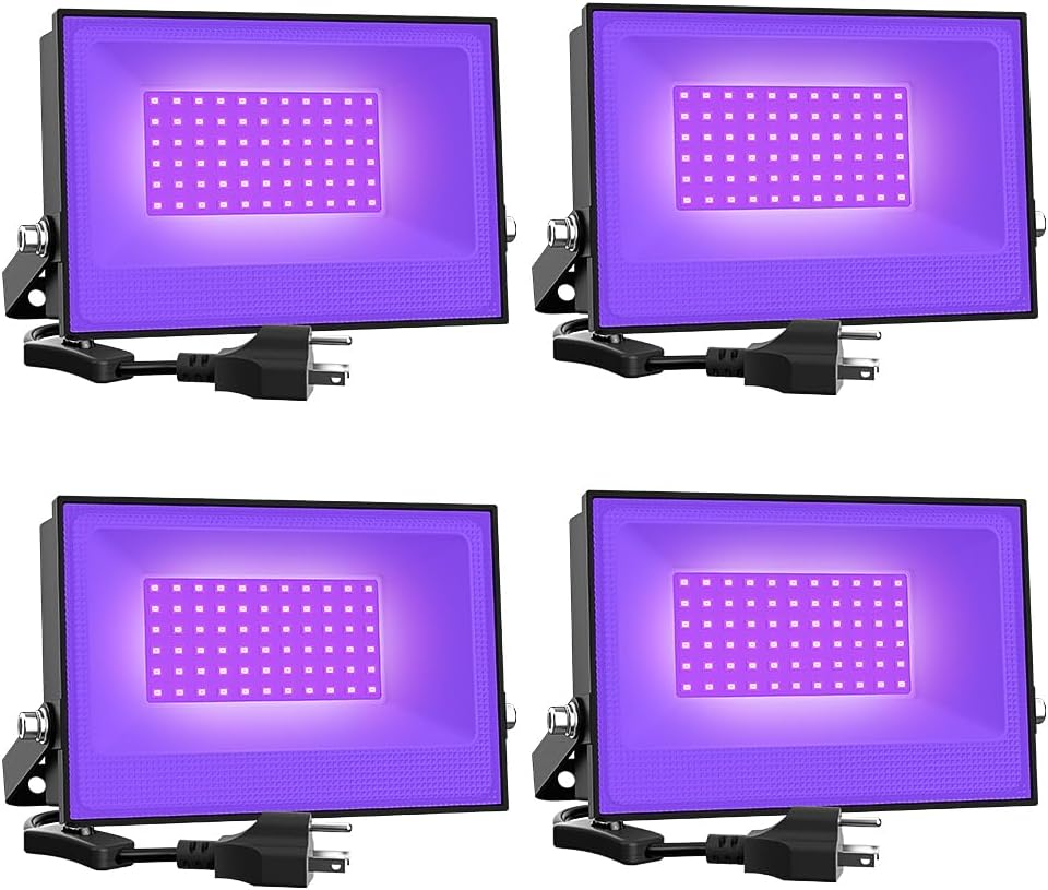 Onforu 4 Pack 38W LED Black Lights, Blacklight Flood Light with Plug, IP66 Waterproof, for Halloween Party, Glow in The Dark, Stage Lighting, Aquarium, Body Paint, Fluorescent Poster, Neon Glow,Black