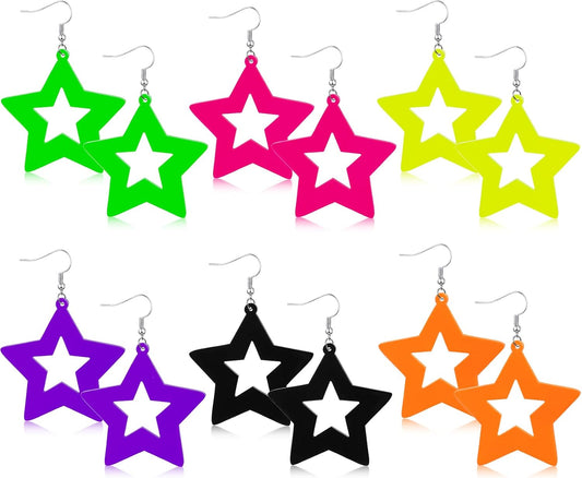 Yinkin 6 Pairs 80s 90s Neon Earrings Lightning Earrings for Women Halloween Costume Party Dancing Glow Party Accessory
