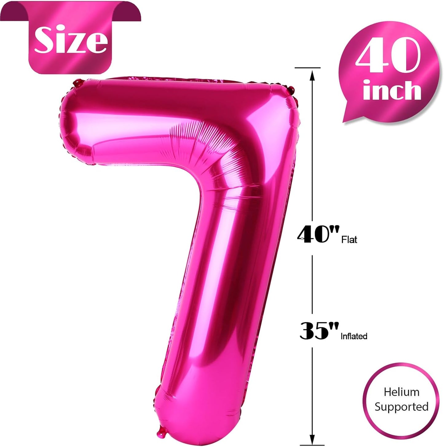 Hot Pink 7 Balloon, Number Balloons 40 Inch, 7th Birthday Decorations for Girls Kids, Party Decoration for Women, Number 7 Balloon