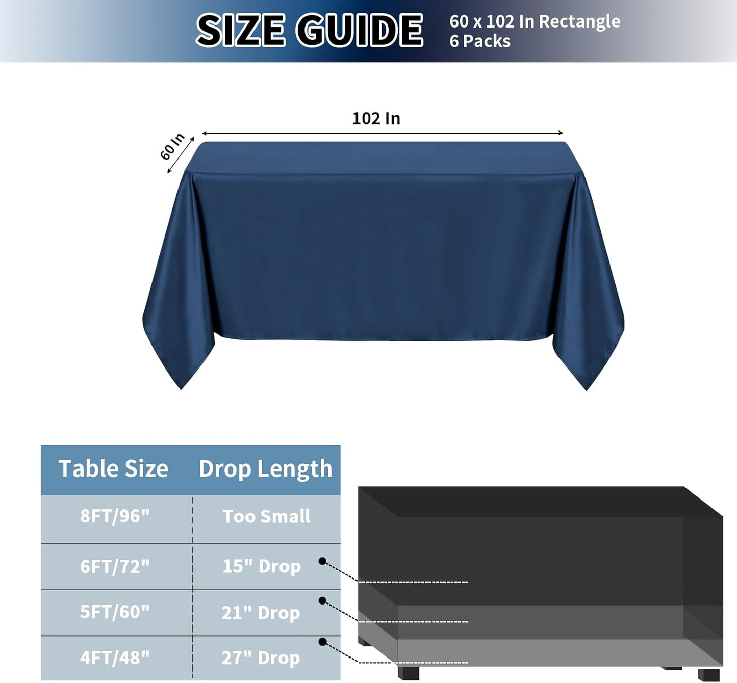 PureFit 6 Pack Rectangle Navy Blue Table Cloths 60 x 102 Inch for 6Ft Tables, Stain and Wrinkle Resistant Table Linens for Home Use, Wedding, Party, Banquet and Camping