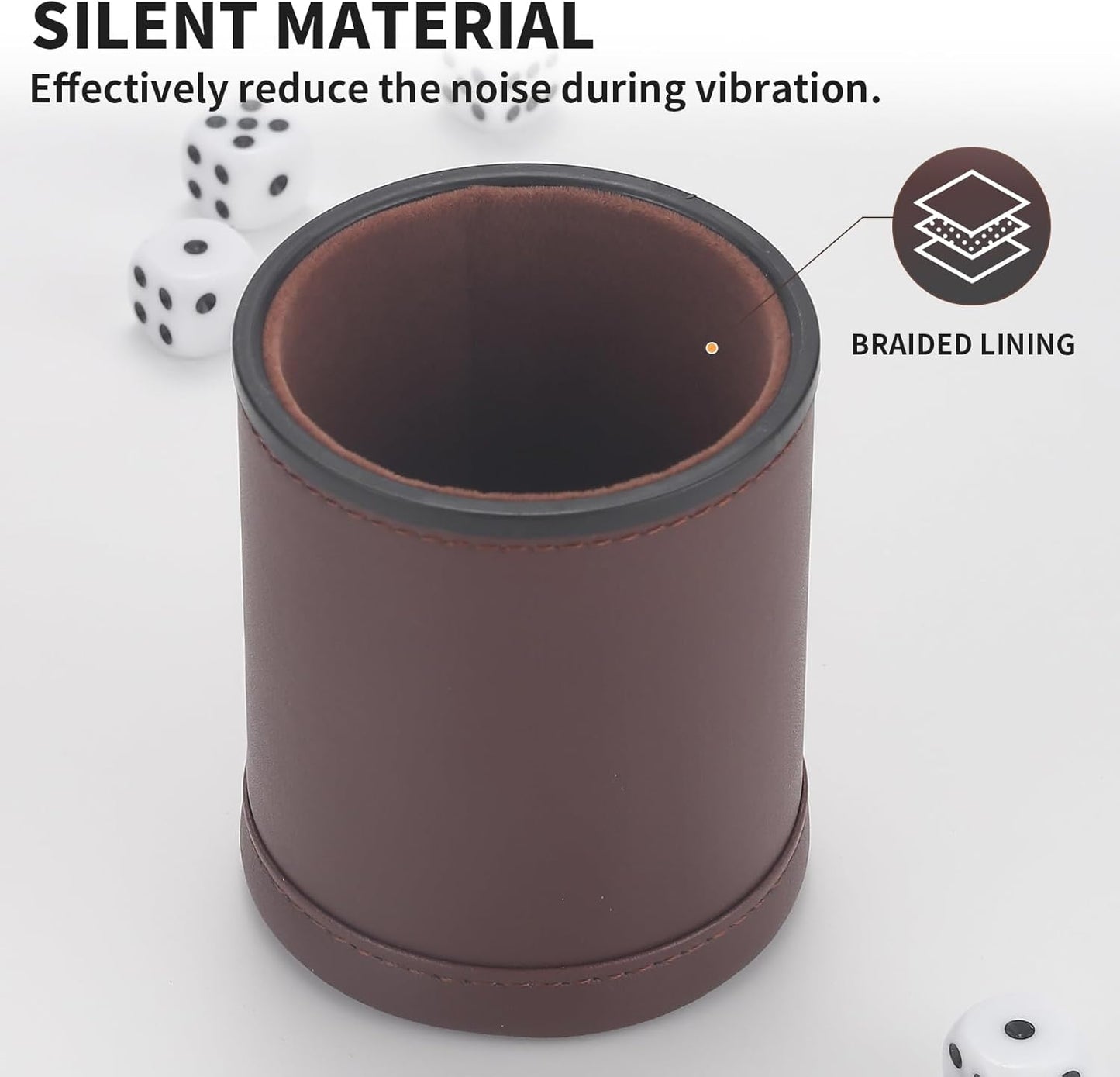 5 Pack PU Leather Dice Cups Velvet Felt-Lined Shaker Cups with 25 Dot Dice for Bar Party Yahtzee Farkle Dice Games, Brown