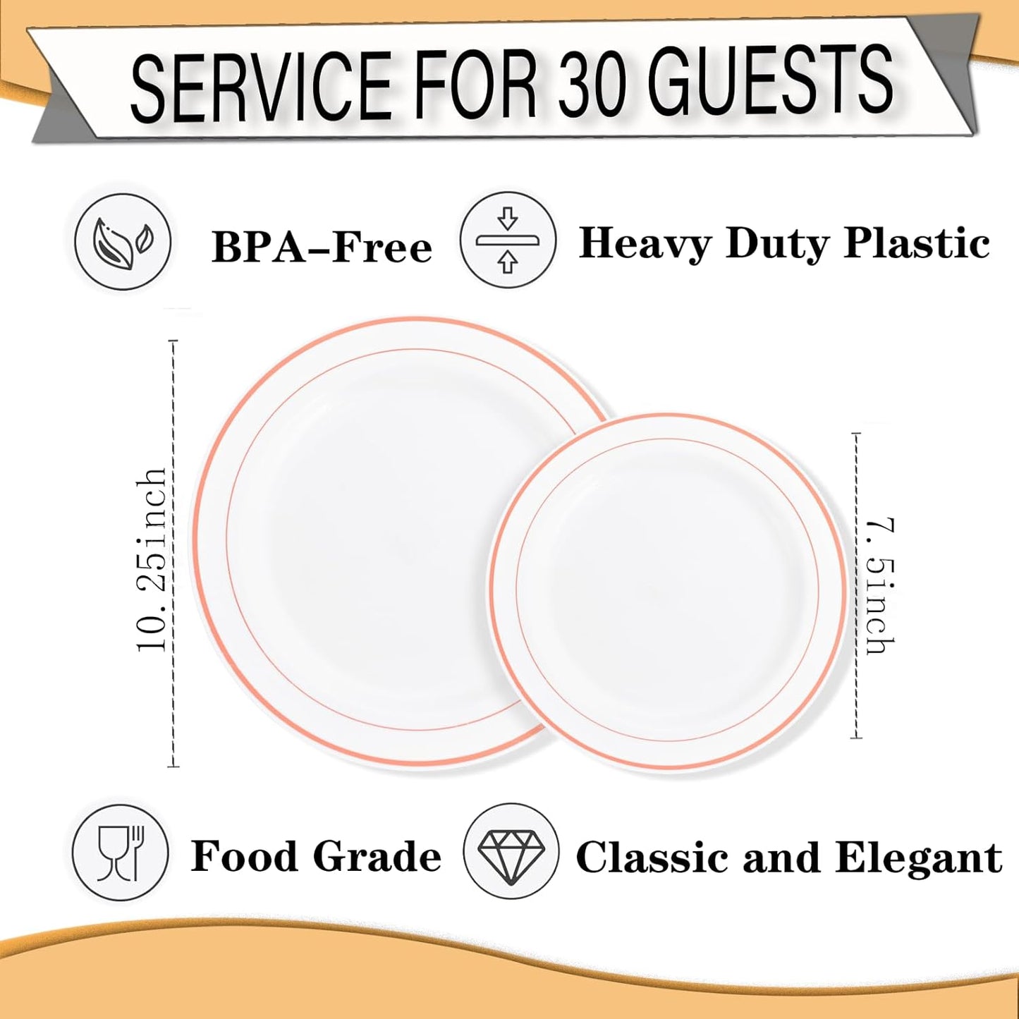 FLOWERCAT 60PCS Rose Gold Plastic Plates - Heavy Duty Rose Gold Plates Disposable for Christmas Party/Wedding- Include 30PCS 10.25inch Dinner Plates and 30PCS 7.5inch Dessert Plates