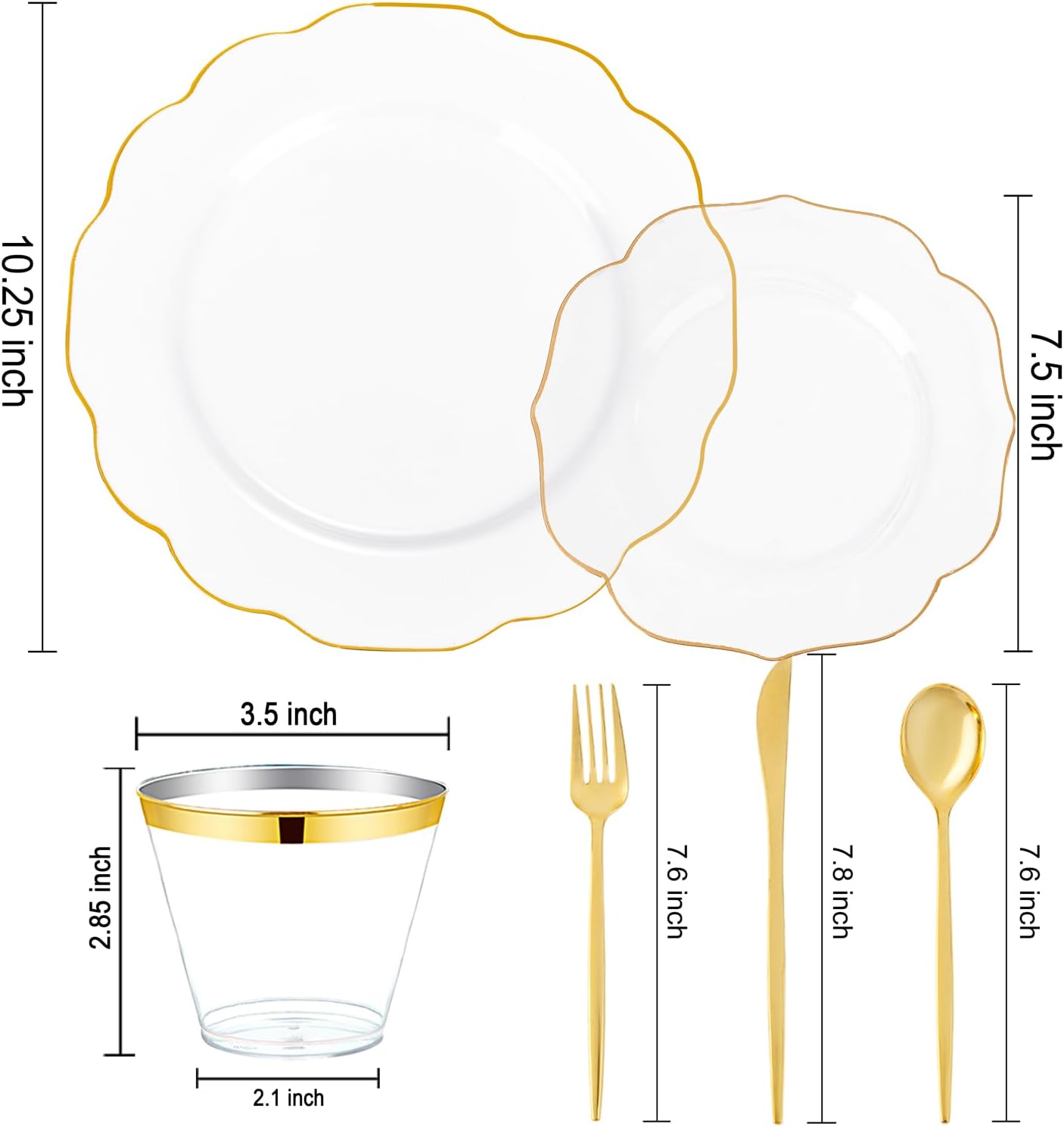 bUCLA 180PCS Clear Plastic Plates with Gold Trim - Clear Gold Plastic Dinnerware Include 30 Dinner & Dessert Plates, 30 Knives, 30 Forks, 30 Spoons and 30 Cups for Party & Thanksgiving