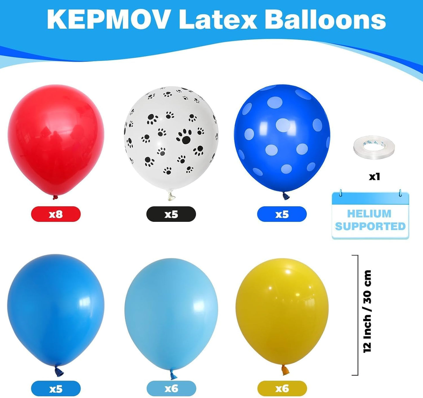 Dog Paw Balloons, 12 Inch Royal Blue Red and Yellow Balloons with White Dog Paw Print Helium Latex Balloon, Carnival Circus Balloon for Dog Themed Boys Girls Birthday Party Decoration Supplies