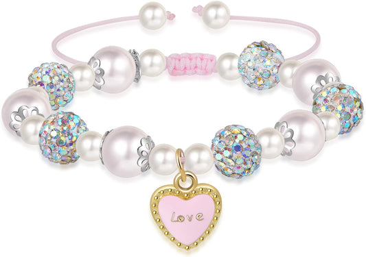 Artlunar Pink Pearl Butterfly Bracelet for Girls, Adjustable Sliding Knot (5.2”-9”) Stainless Steel & Pearl Charm – Kids Birthday Gift Jewelry for Daughter, Granddaughter, Niece