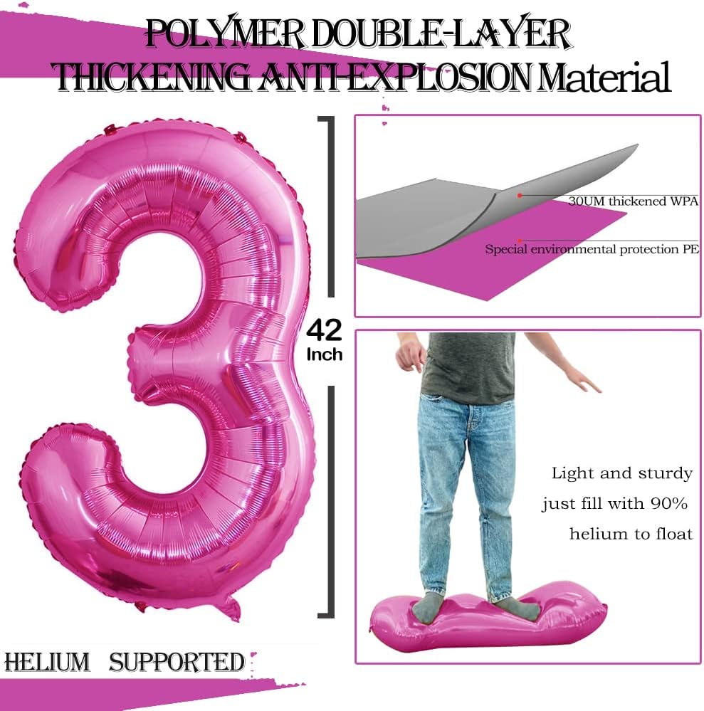 GOER Pink Foil Balloons Number 3,Huge Number Balloons for 3rd 33rd Birthday Party Supplies Anniversary Decorations(3 pcs,42 inch,32 inc,16inch)
