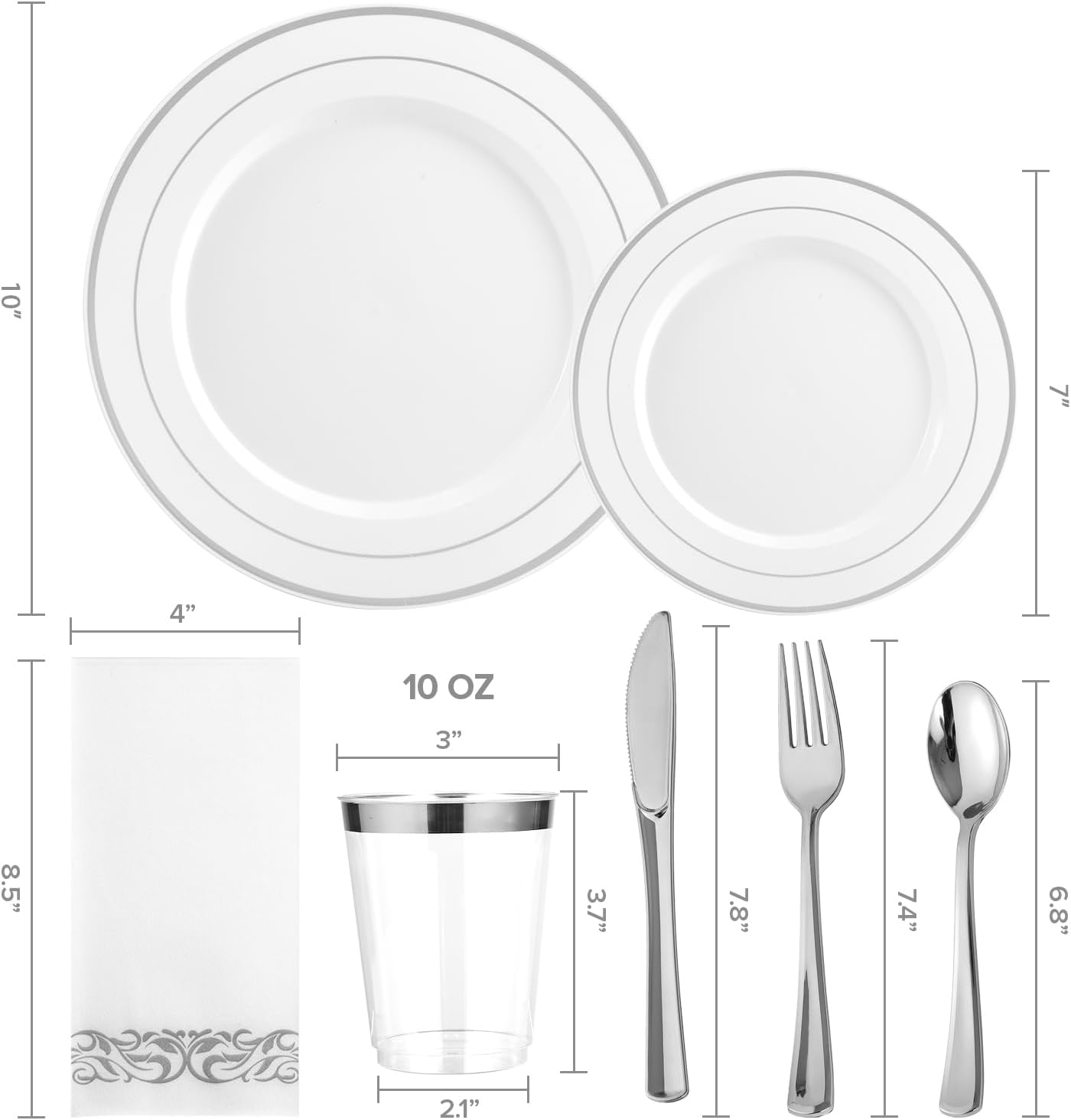FOCUSLINE 350 Ct Disposable Dinnerware Set for 50 Guests -Heavy Duty Plastic Plates with Silver Rim, Includes 50 Dinner & Salad Plates, Cups, Napkins, Cutlery Set