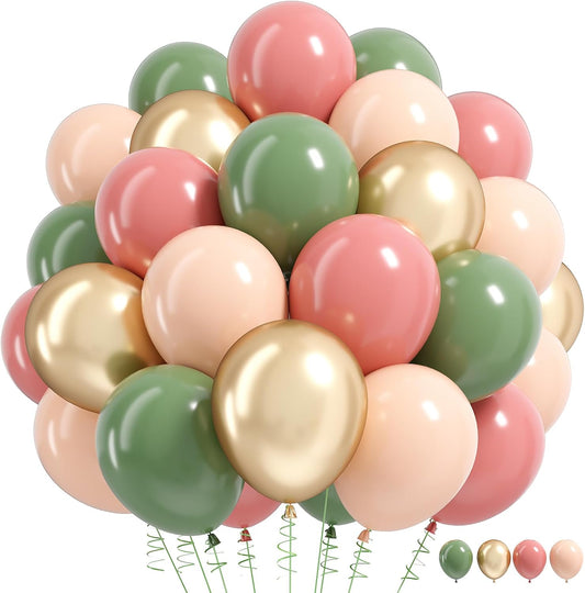 Sage Green Pink Balloon, 60 Packs 12 Inch Sage Green and Dusty Pink Metallic Gold Balloons, Olive Green Gold Balloons for Girls Birthdays Jungle Safari Baby Shower Woodland Party Decoration