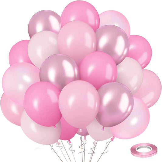Pink Balloon Set, 60pcs 12-inch Metallic Pink Balloons Hot Pink and Light Pink Balloons Baby Pink Party Balloons Perfect for Girls' Birthdays Baptisms and Wedding Parties