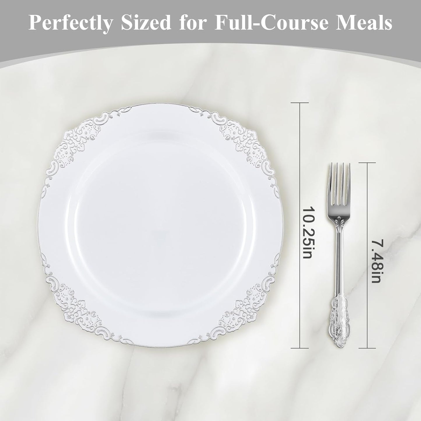 Goodluck 100PCS White and Silver Plastic Plates – 10.25” Heavy Duty Disposable Dinner Plates & Party Plates for Weddings, Parties, Events – Elegant, Sturdy