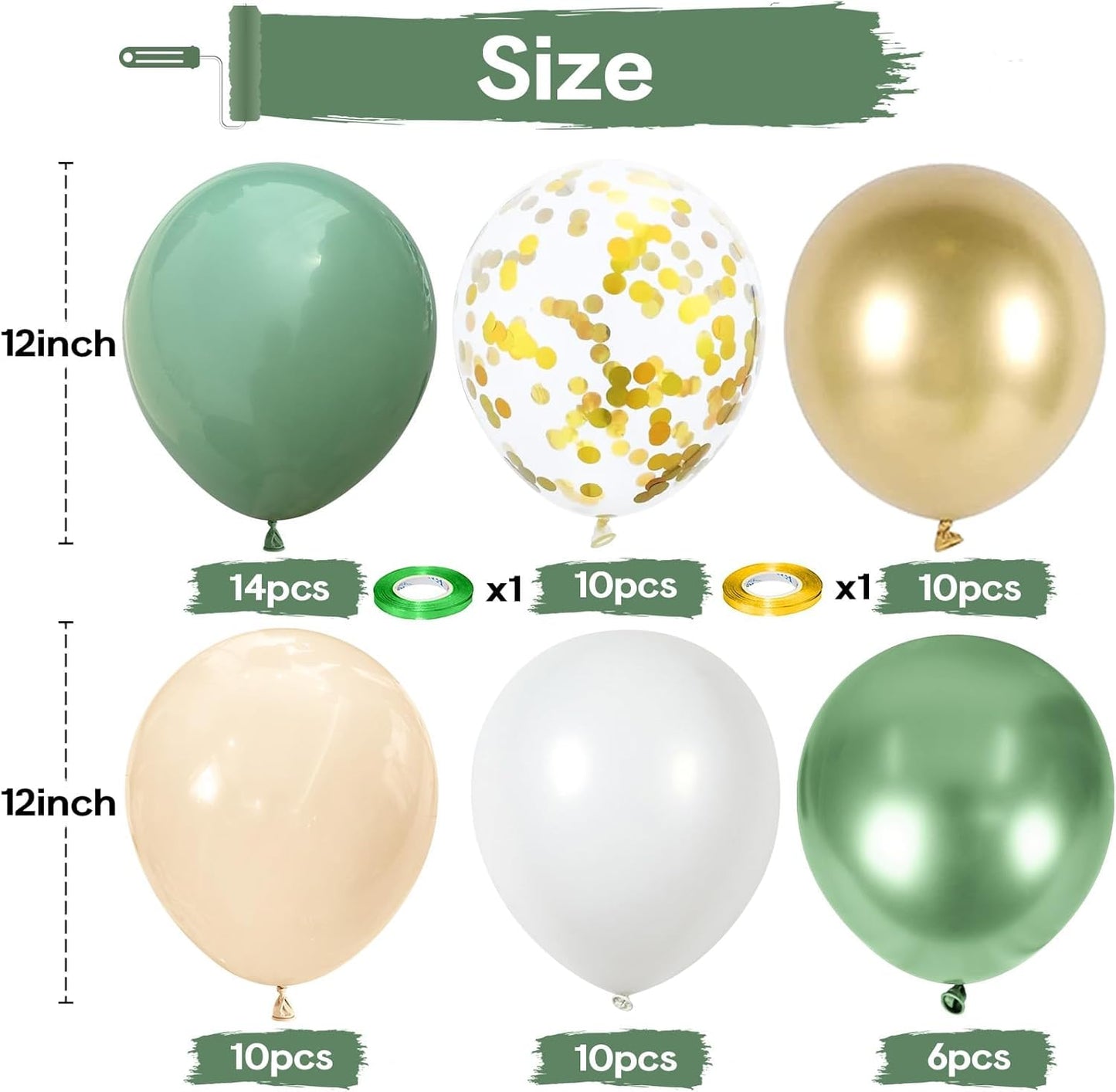 Sage Green Gold Balloons, 12 Inch 60 Pcs Metallic Olive Green White Gold Confetti Balloons Retro Green Balloons for Jungle Safari Birthday Camp Bachelorette Decorations