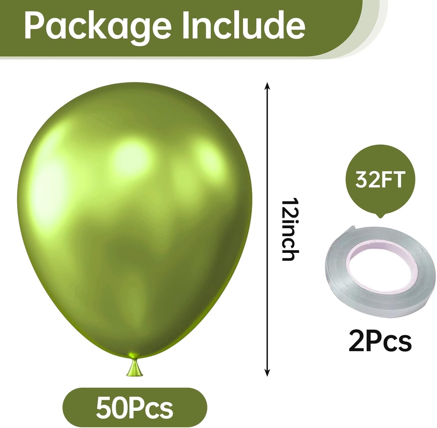 KALOR 12 Inch Metallic Lime Green Balloons, 50 Pcs Latex Helium Metallic Balloons for Kid's Birthday Party, Baby Shower, Wedding, Graduate Party Decorations