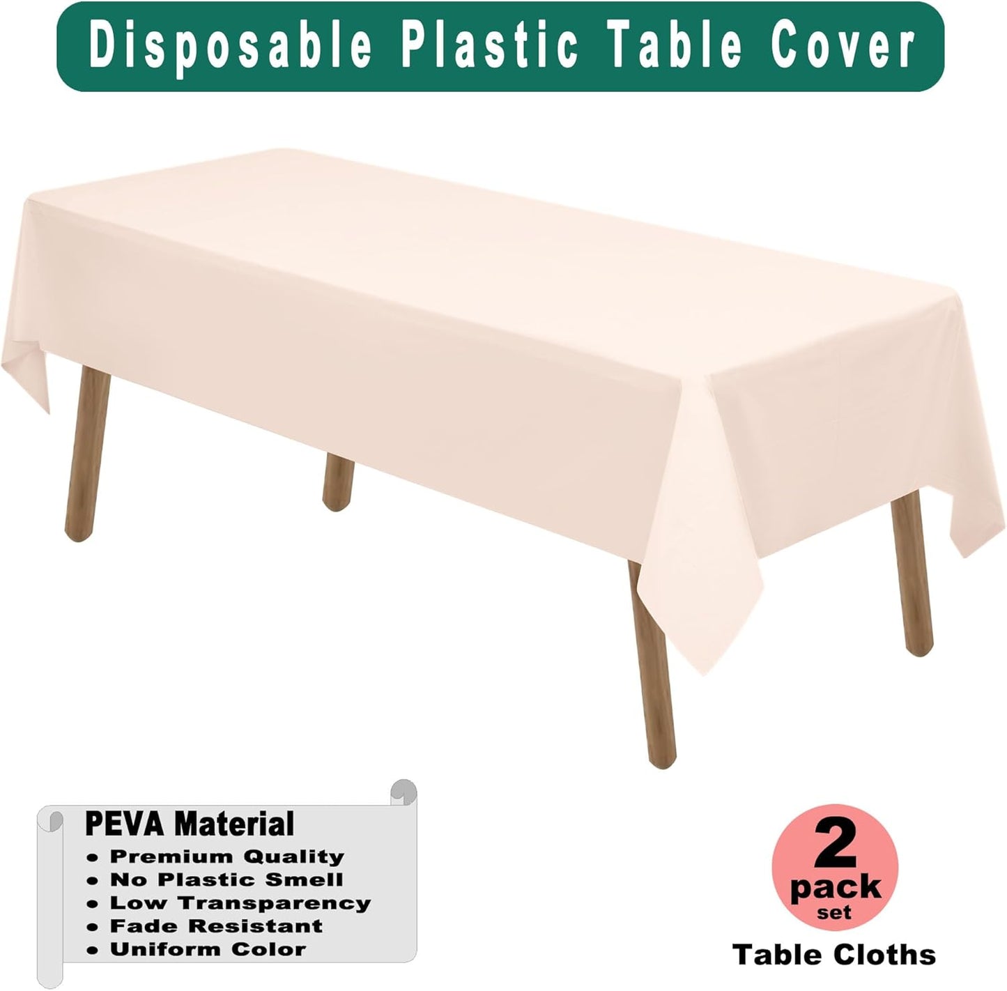 PARTY ULYJA Blush Pink Plastic Tablecloths 2 Pack 54 x 108 Inch Rectangular PEVA Vinyl Table Covers for Picnic Birthday Wedding Parties