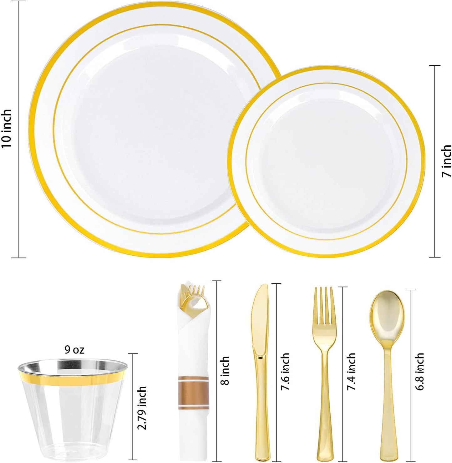 350 PCS White and Gold Plastic Dinnerware Set for 50 Guests, 100 Disposable Plates for Party, 50 Pre Rolled Napkins with Gold Silverware, 50 Cups