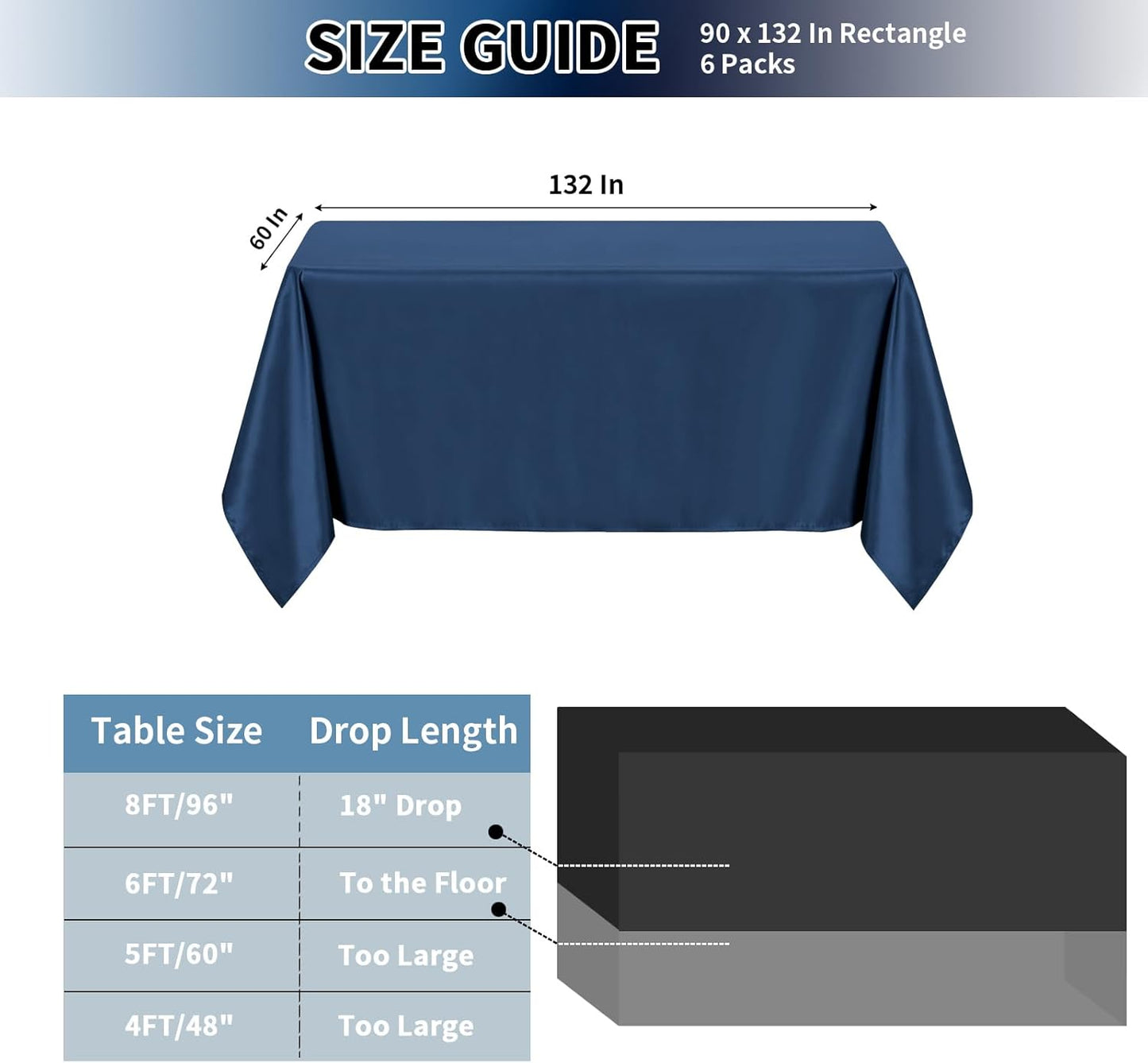 PureFit 6 Pack Rectangle Navy Blue Table Cloths 90 x 132 Inch for 8Ft Tables, Stain and Wrinkle Resistant Table Linens for Home Use, Wedding, Party, Banquet and Camping