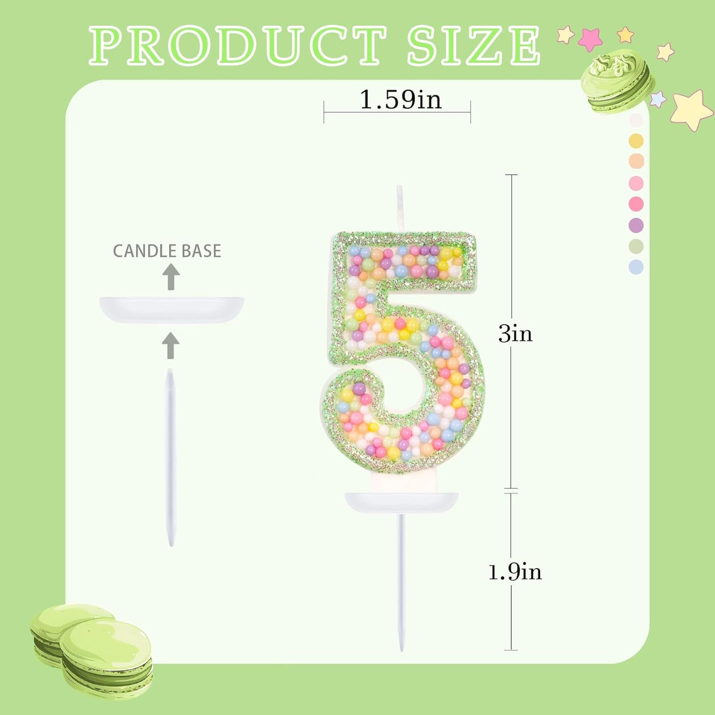 Birthday Candles - Number 5 Candle, Colorful Macaron Candles for Boys/Girls, Green Cake Decorations, Music Game Themed Party Supplies
