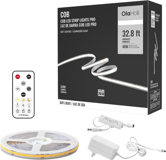 32.8ft COB Led Strip Light with Remote, 6500K Dimmable Bright Daylight White Led COB Strip Light, White Continuous Led Strip Light for Mirror, Stair, Cabinet, Room