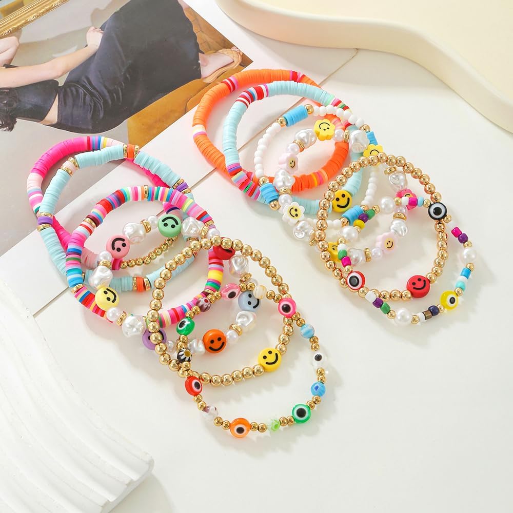 Friendship Bracelets for Women - Heishi Surfer Colorful Smile Evil Eye Clay Beaded Stretch Bracelets Elastic Layering - Stackable Boho Disc Y2K Aesthetic Summer Jewelry Set.