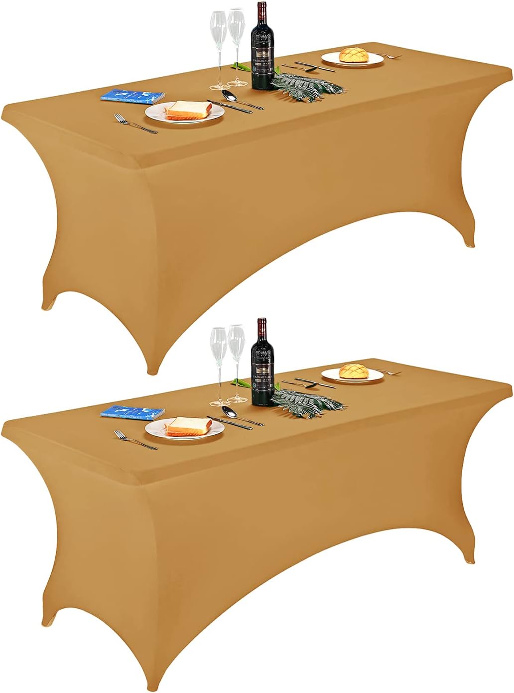 FORLIFE 2Pack Spandex Table Covers，Fitted Tablecloth for Rectangular Tables, Stretch Patio Table Covers, Universal Spandex Table Cover for Wedding, Banquet, Party (6ft, Gold)