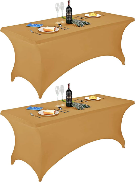 FORLIFE 2Pack Spandex Table Covers，Fitted Tablecloth for Rectangular Tables, Stretch Patio Table Covers, Universal Spandex Table Cover for Wedding, Banquet, Party (6ft, Gold)