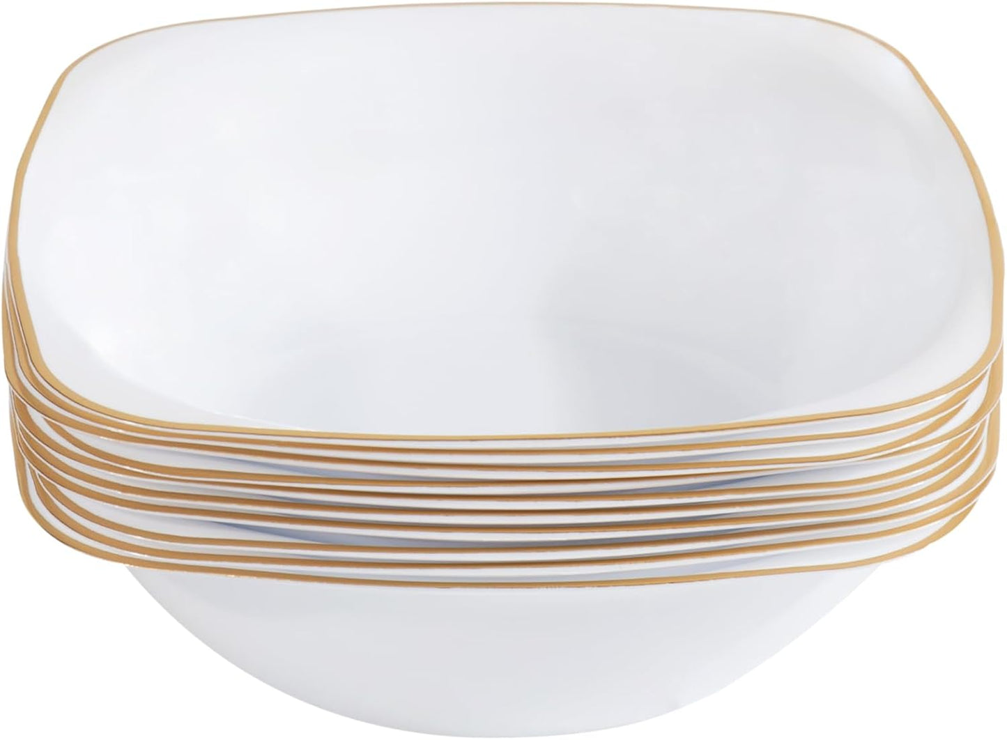 PLASTICPRO White Plastic Organic Party Square Dessert bowls White With Gold Rim Elegant Disposable Tableware Dishes 6 OZ 32 Count