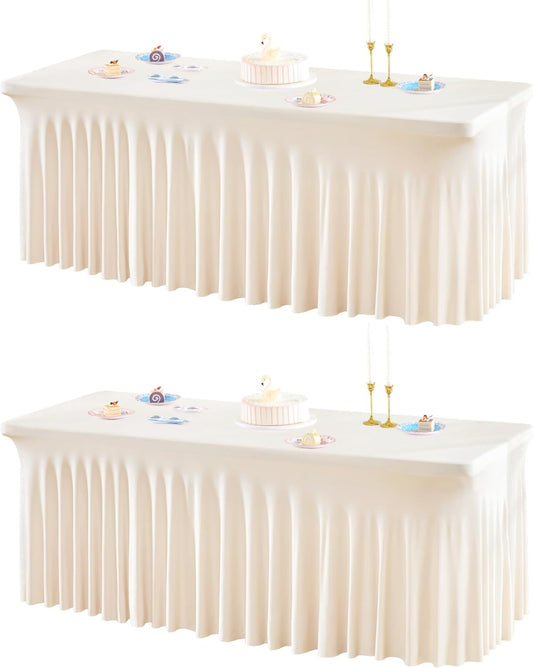 2 Packs Ivory Table Clothes for 8 Foot Rectangle Tables, One-Piece Wrinkle Resistant Stretch Spandex Table Covers with Skirt for Event Banquet Wedding Birthday Party