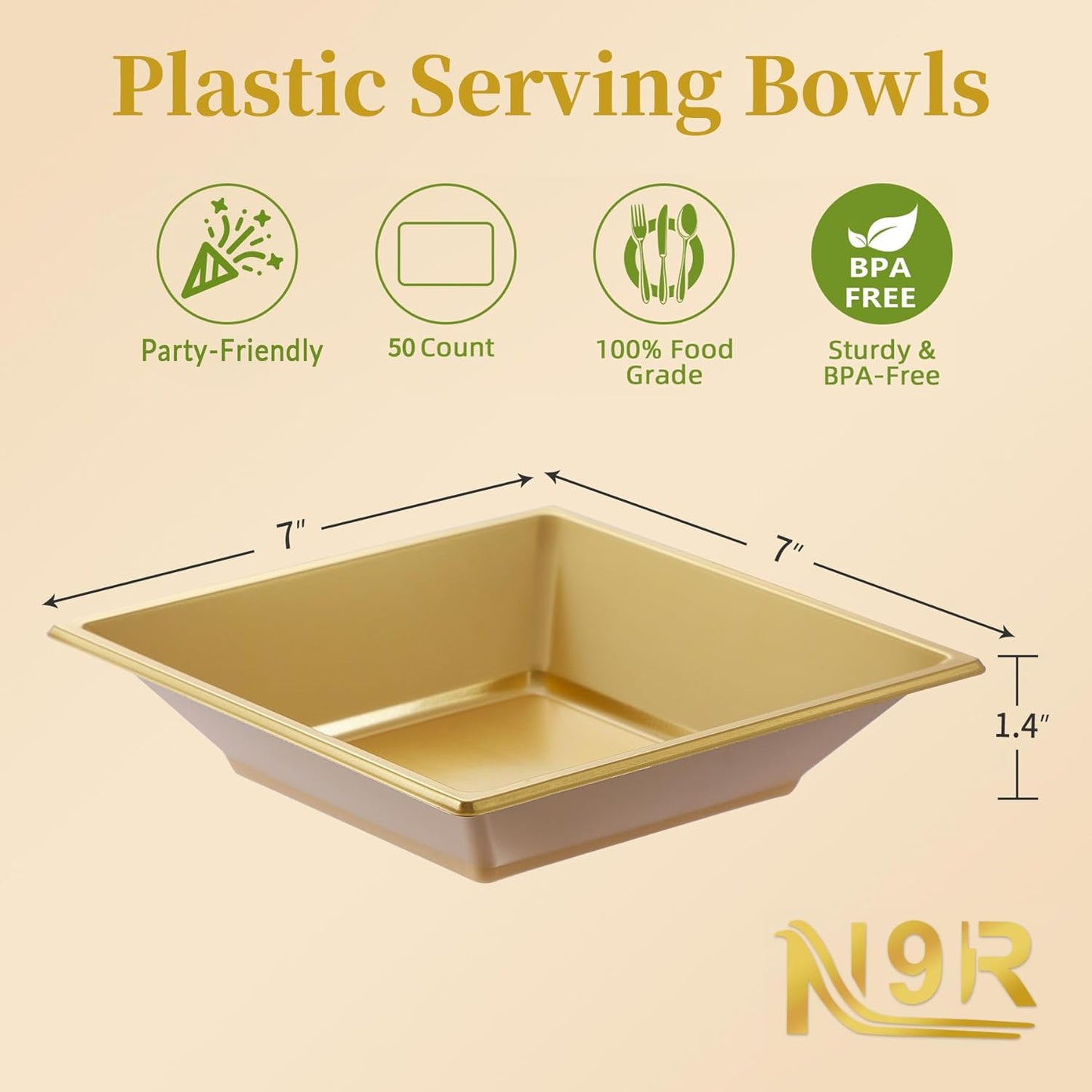 N9R 50 Count Gold Square Plastic Serving Bowls, 12 Oz Disposable Square Bowls for Candy Snake, Salad Bowl Perfect for Party Wedding Birthday