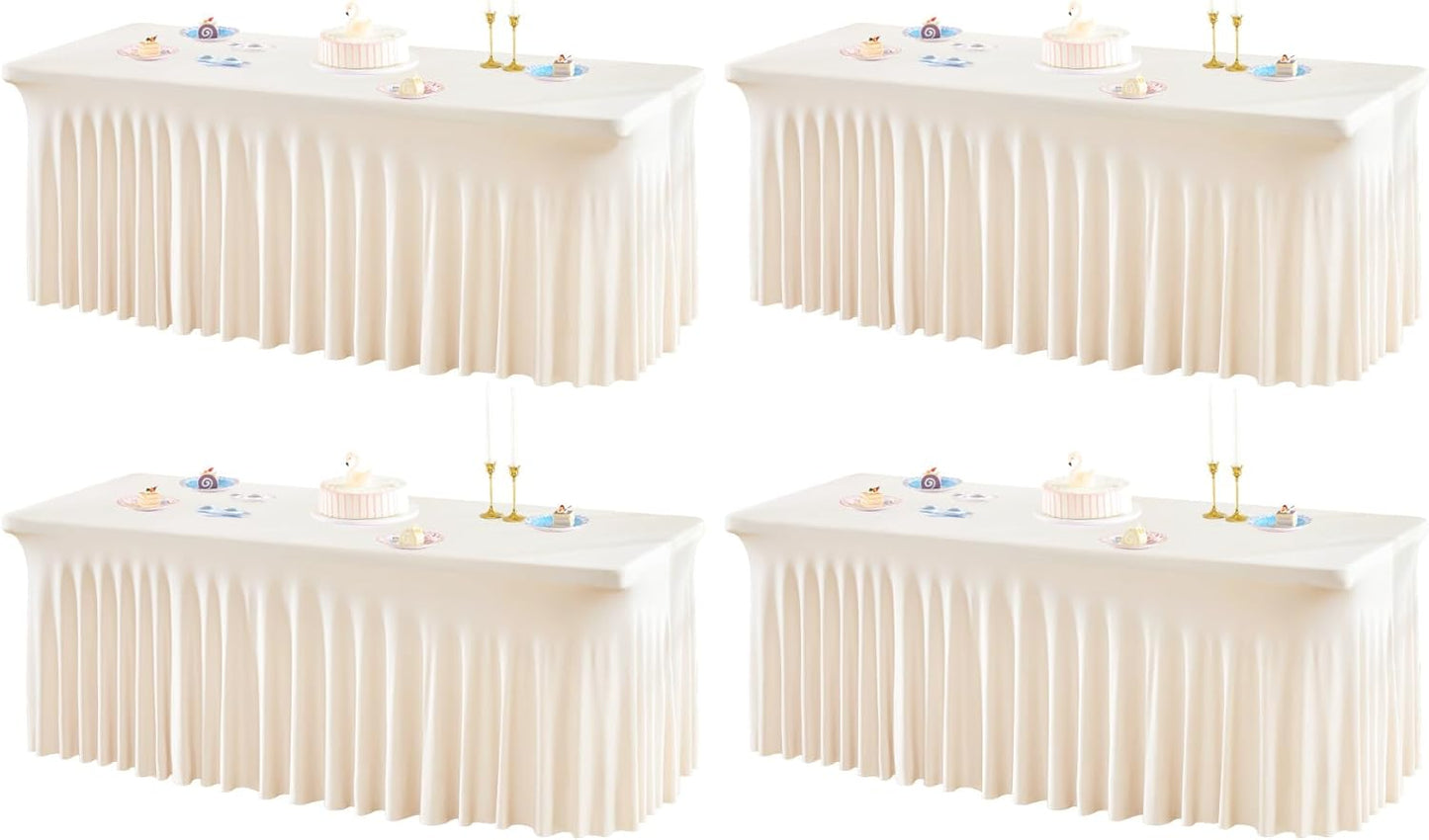 4 Packs Ivory Table Clothes for 8 Foot Rectangle Tables, One-Piece Wrinkle Resistant Stretch Spandex Table Covers with Skirt for Event Banquet Wedding Birthday Party