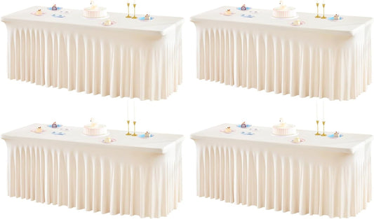 4 Packs Ivory Table Clothes for 8 Foot Rectangle Tables, One-Piece Wrinkle Resistant Stretch Spandex Table Covers with Skirt for Event Banquet Wedding Birthday Party