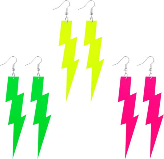 Hicarer 3 Pair 80s 90s Neon Earrings Lightning Earrings for Women Fluorescent Jewelry Accessories Acrylic Drop for Glow Women 80s Theme Halloween Party Outfit, 4.13 Inch (Pink, Green, Yellow,Classic)