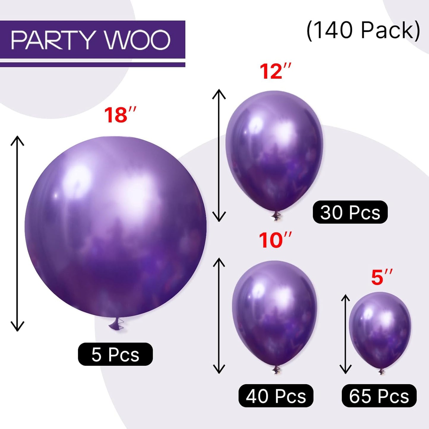 PartyWoo Metallic Purple Balloons 140 pcs Different Sizes of 18 12 10 5 Inch Chrome Purple Latex Helium Balloon Arch Kit Garland for Mardi Gras Wedding Birthday Party Decorations Purple-G105