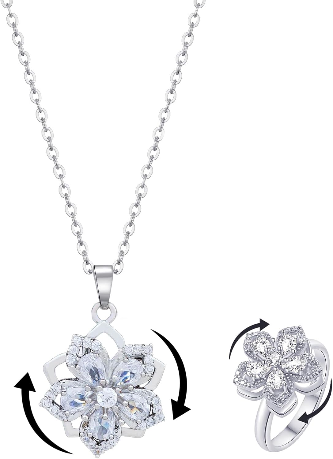 Necklace for Women Gold Flower Fidget Necklace Rotatable Crystal Silver Blossom Pendant Necklaces Adjustable Spinning Fidget Necklaces Redbud Flower Choker Funny Gift Jewelry