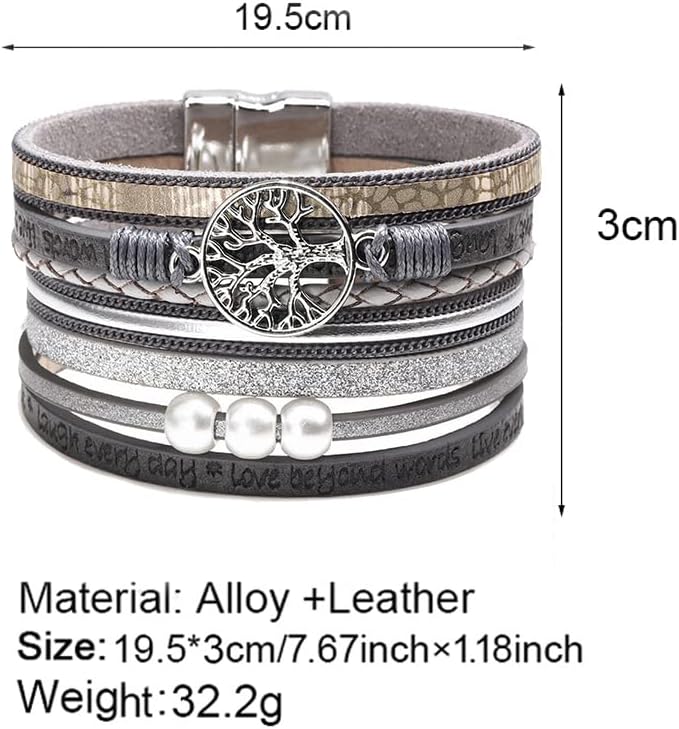 Fesciory Leopard Bracelet for Women, Boho Leather Wrap Multi-Layer Pearl Crystal Bracelet Bangle Jewelry