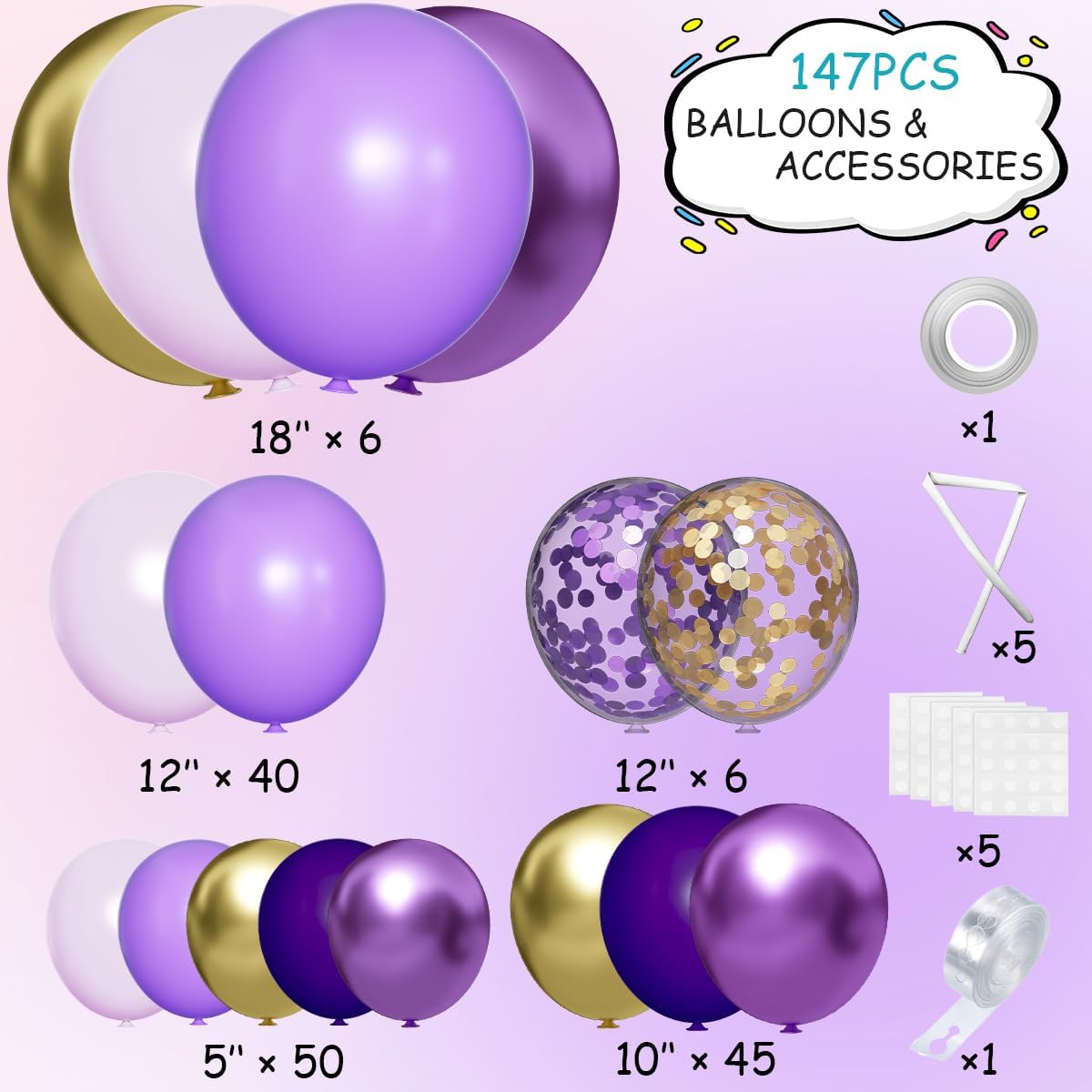 Purple Black and Gold Balloon Arch Kit, 147PCS Latex Balloons Different Sizes 18 12 10 5 inch for Baby Shower Girl Princess Birthday Wedding Engagements Anniversary Party Decoration