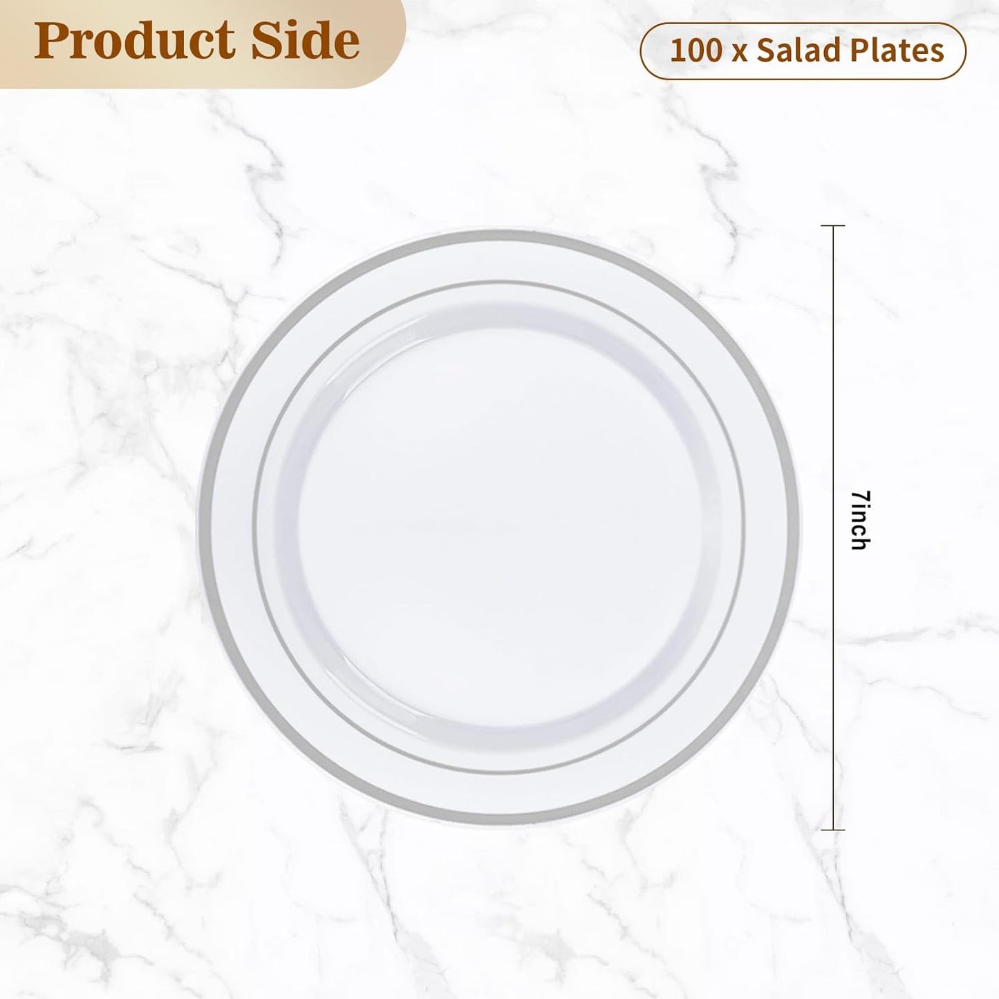 BESTVIP 100PCS 7 Inch Silver Plastic Dessert Plates, Disposable Plate with Silver Rim for Salad/Samll Cakes, Heavy Duty Plates for Party, Wedding and Birthday, Events, Christmas, Thanksgiving