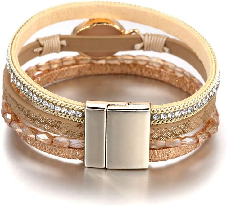 Fesciory Leopard Bracelet for Women, Boho Leather Wrap Multi-Layer Pearl Crystal Bracelet Bangle Jewelry