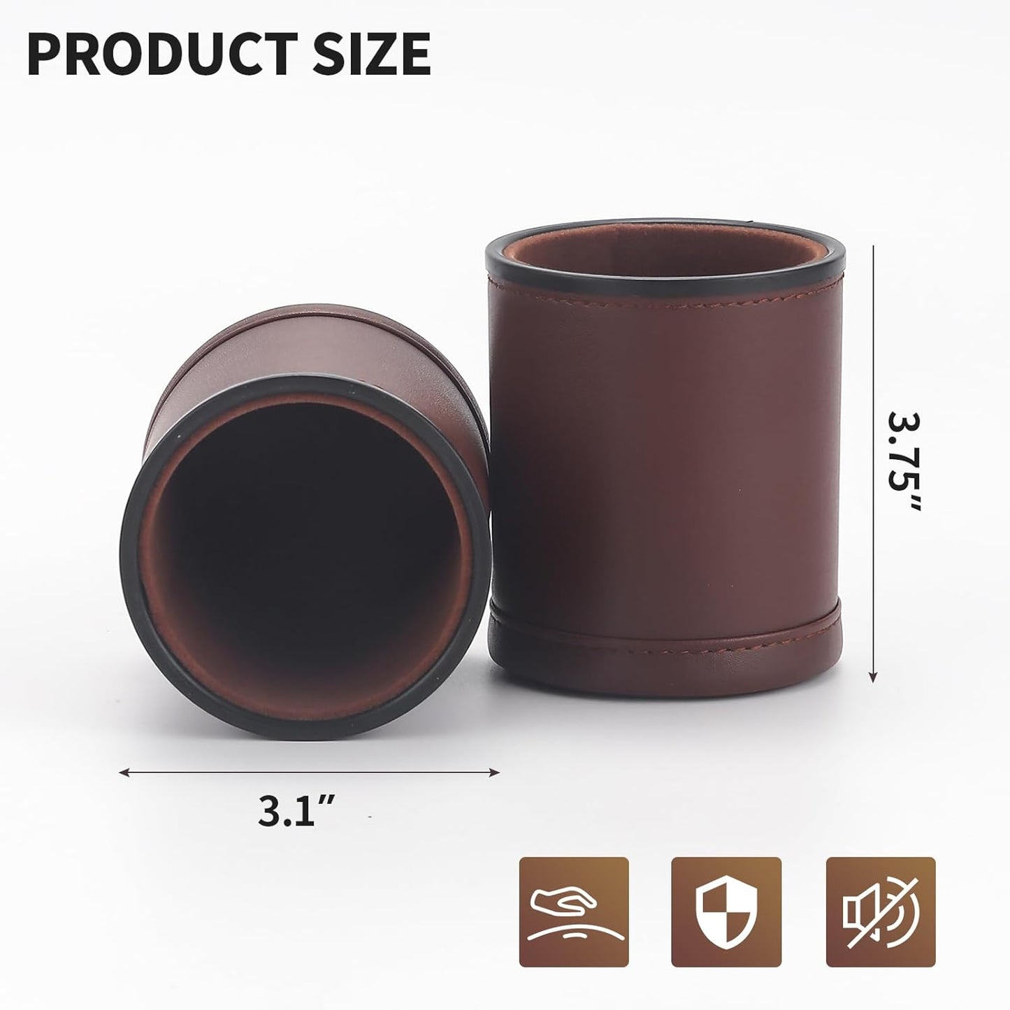5 Pack PU Leather Dice Cups Velvet Felt-Lined Shaker Cups with 25 Dot Dice for Bar Party Yahtzee Farkle Dice Games, Brown