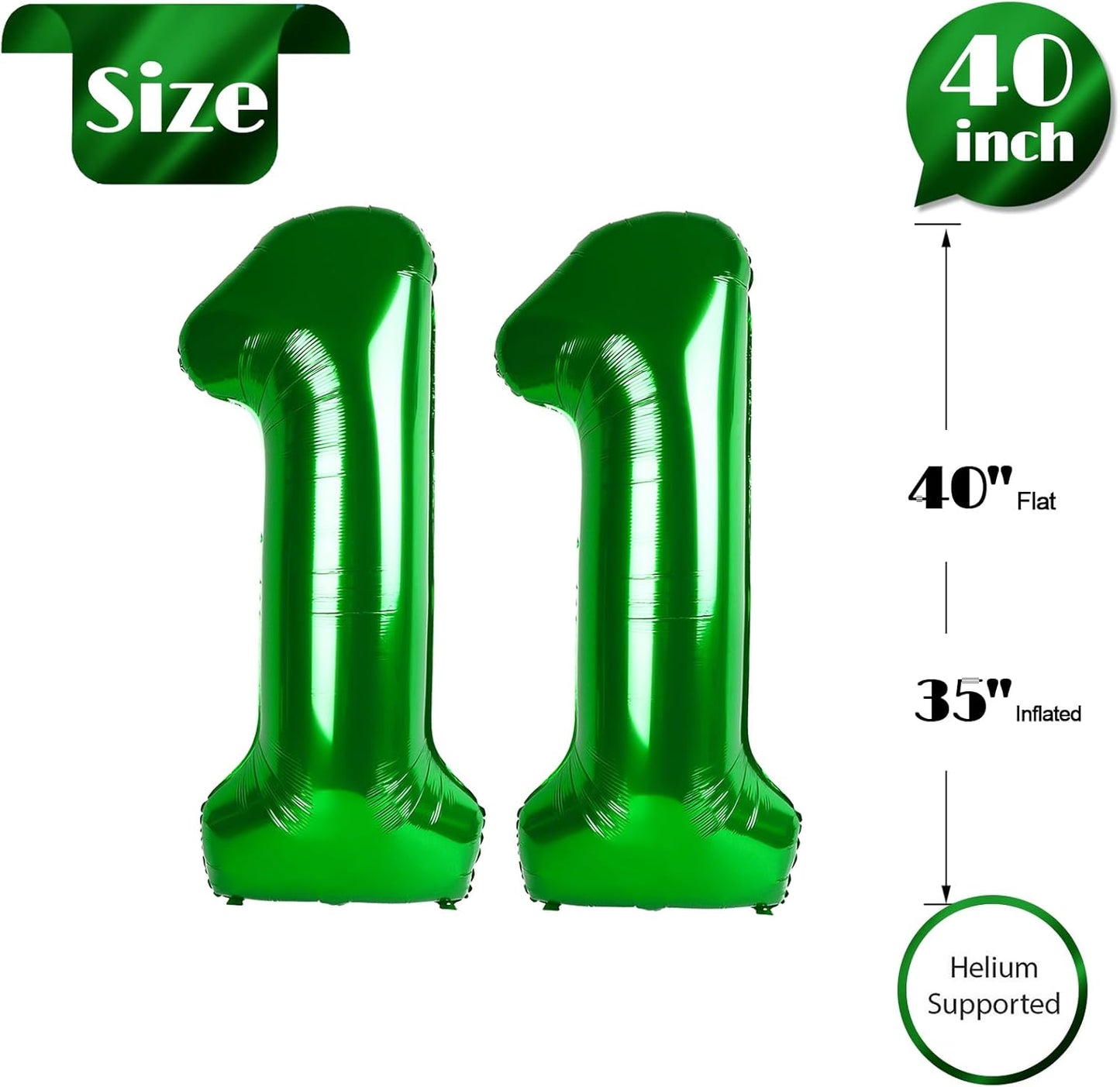 Green Number 11 Balloon 40 inch, 11 Number Balloons, 11th Green Birthday Decorations, 11 Year Old Girls Boys Party Supplies, St. Patrick's Day Games Theme Birthday Decorations