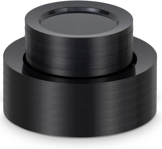 BESTVIP 100PCS Black Plastic Plates, Disposable Party Plates with 50 Dinner Plates and 50 Dessert Plates, Plastic Plates for Party, Wedding Birthday and Halloween (Black, 100PCS)