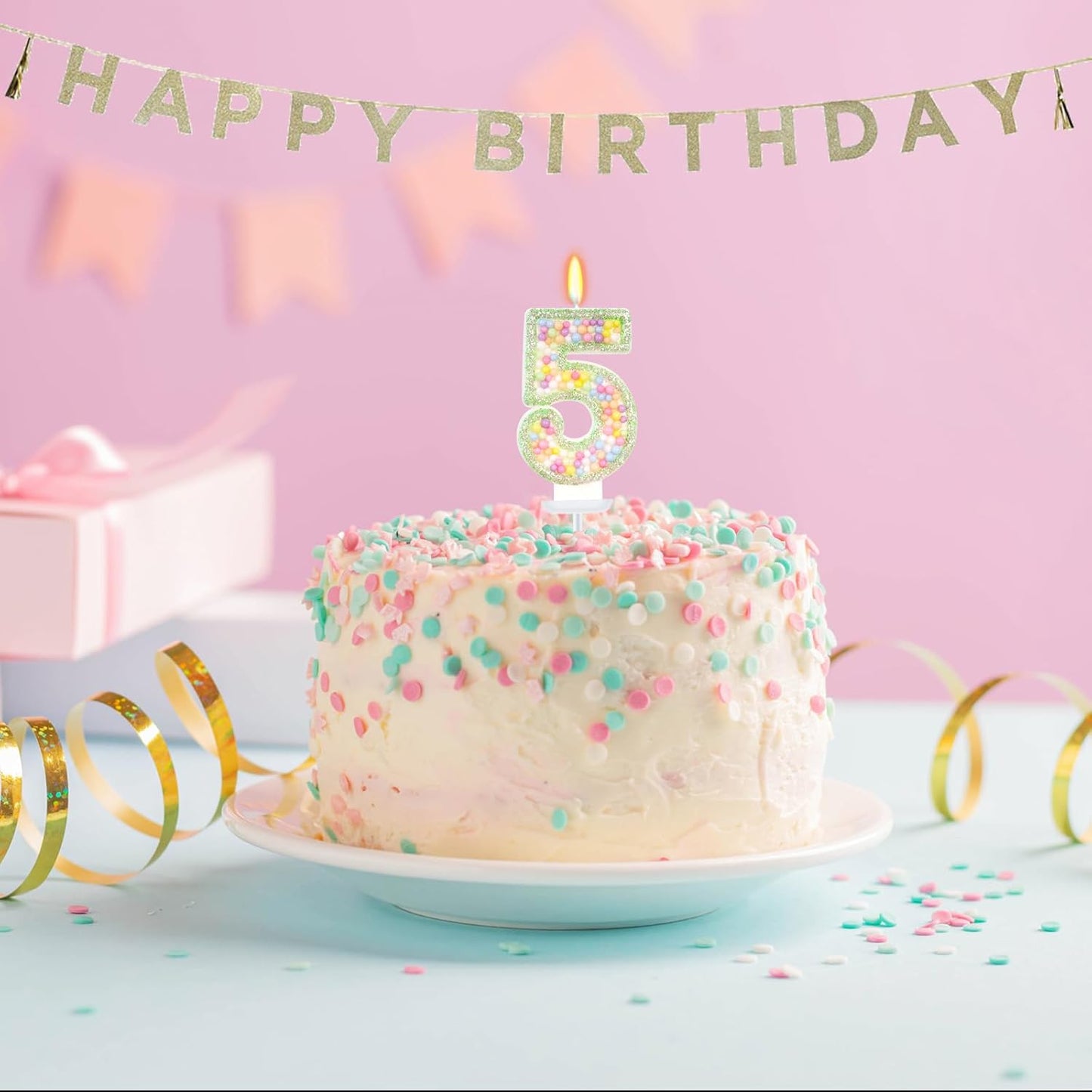 Birthday Candles - Number 5 Candle, Colorful Macaron Candles for Boys/Girls, Green Cake Decorations, Music Game Themed Party Supplies