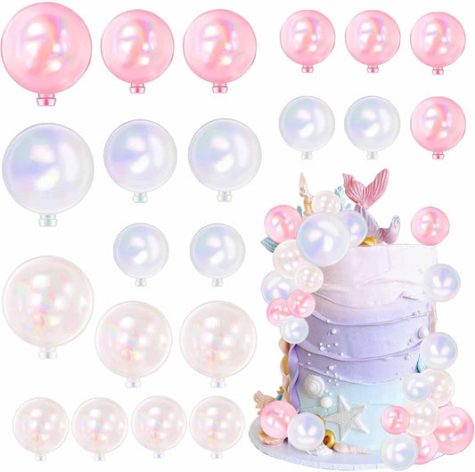 Rsstarxi 24 PCS Ball Cake Toppers - Mini Balloon, DIY Cake Inserts & Picks for Baby Shower, Wedding, Kids Parties - Clear, White, Pink Foam Balls