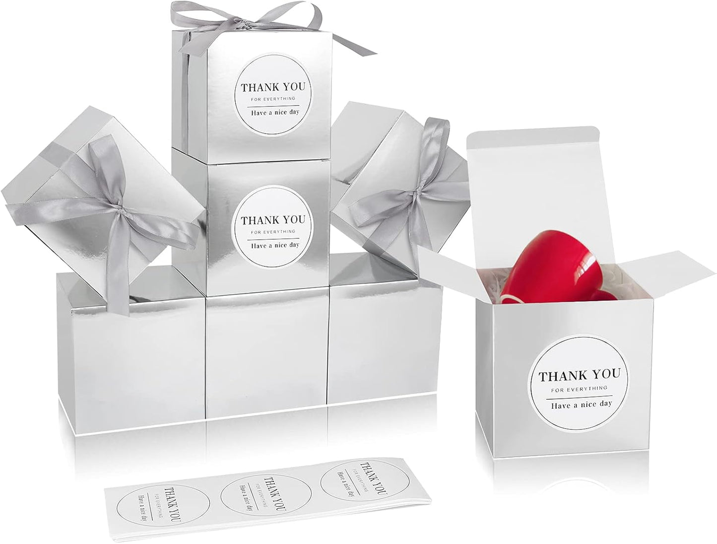 COTOPHER Small Gift Boxes 100 Pack 4x4x4 inches Silver Gift Boxes with Lids for Gifts, Crafting, Wedding Party Favor, Cupcake Boxes, Candy, Bridesmaids Proposal Box with Ribbons and Stickers (Metallic