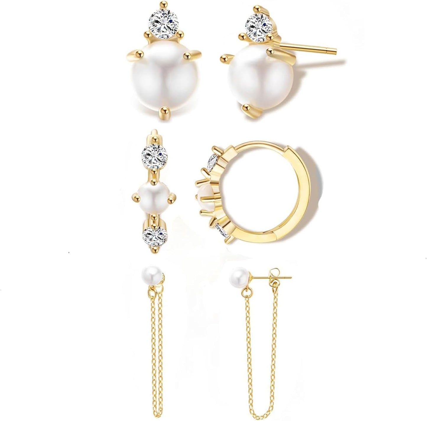 Gold Earrings for Women, 14k Gold Plated Dangle Huggie Earrings for Women Trendy Dainty Gold Hoop Earring Stacks Hypoallergenic Pearl Chain Drop Cartilage Earring Fashion Womens Jewelry