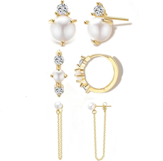 Gold Earrings for Women, 14k Gold Plated Dangle Huggie Earrings for Women Trendy Dainty Gold Hoop Earring Stacks Hypoallergenic Pearl Chain Drop Cartilage Earring Fashion Womens Jewelry