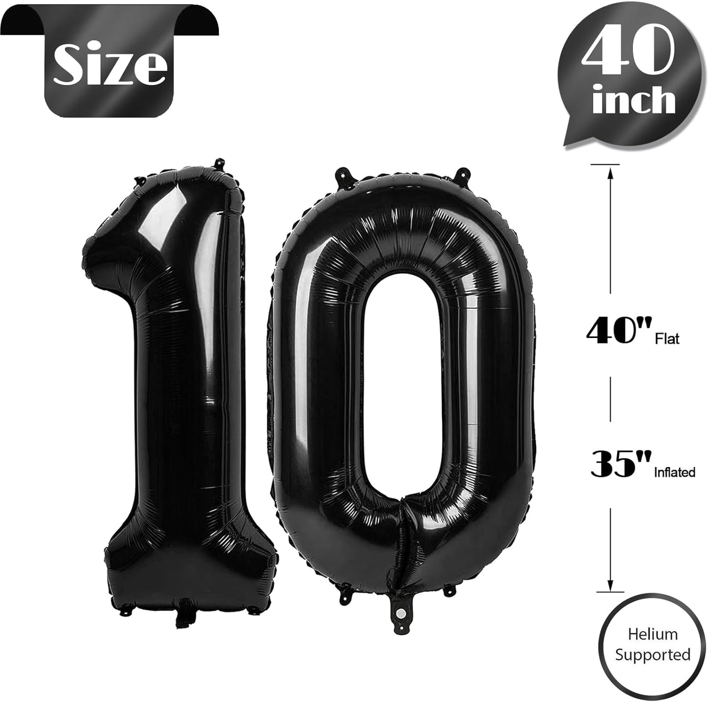Black Number 10 Balloon 40 inch, 10 Number Balloons, 10th Black Birthday Decorations, 10 Year Old Girls Boys Party Supplies