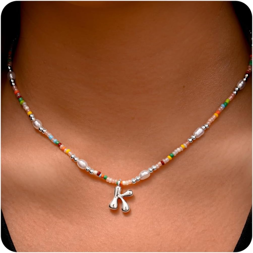 Ritach Initial Necklaces for Women Girls - Christmas Gifts for Grandkids Light Colorful Beaded Pearl Initial Necklace Gold/Silver Bubble Pendant Letter Necklace Stocking Stuffers for Teen Girls Women