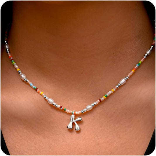 Ritach Initial Necklaces for Women Girls - Christmas Gifts for Grandkids Light Colorful Beaded Pearl Initial Necklace Gold/Silver Bubble Pendant Letter Necklace Stocking Stuffers for Teen Girls Women